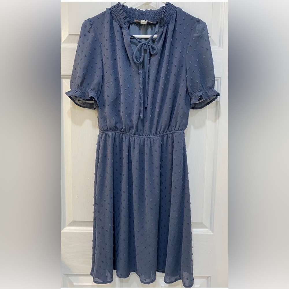 Women's Blue Swiss Dot Dress Knee Length Short Ruffle Sleeve Size M